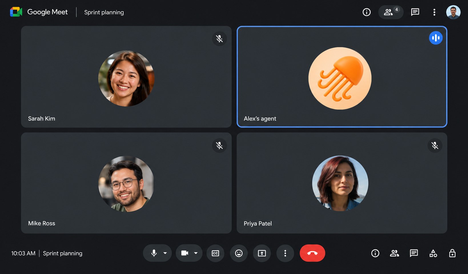 Google Meet call: Sarah Kim, Mike Ross and Priya Patel, with Alex's agent (the joinfor.me jellyfish) speaking.